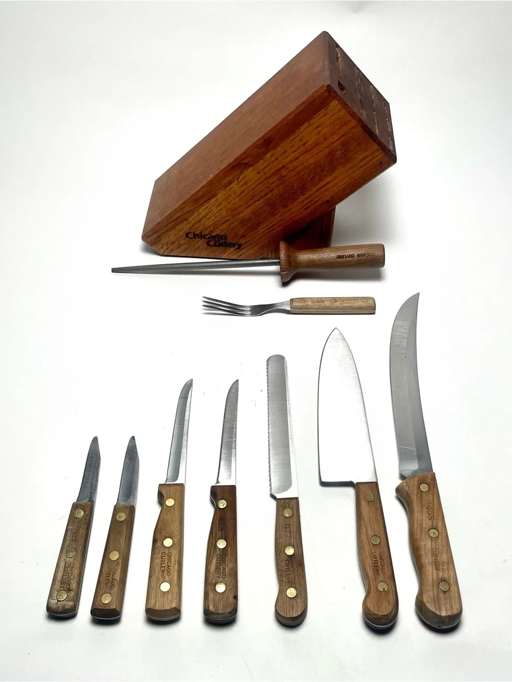 Vintage Chicago Cutlery 10 Piece Kitchen Knife, Fork & Block Set Walnut USA